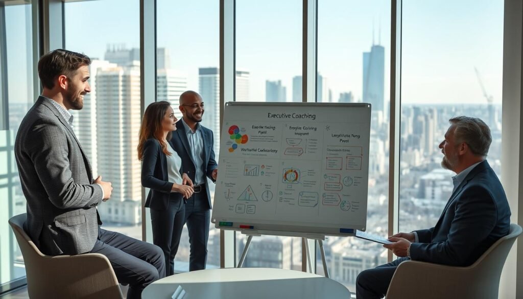 A modern, well-lit executive coaching session taking place in a sleek office environment. In the foreground, a diverse group of three professionals in business attire—two men and one woman—engaged in a dynamic discussion, showcasing teamwork and leadership development. The middle ground features a large whiteboard filled with colorful diagrams and notes on executive coaching techniques, emphasizing strategy implementation. In the background, large windows reveal a city skyline, allowing natural light to fill the space, creating an atmosphere of innovation and growth. The composition should capture a sense of collaboration, ambition, and the transformative power of executive coaching.