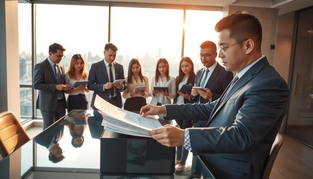 A professional CFO evaluation scene in a modern office setting, showcasing a diverse team of business professionals engaged in a strategic discussion. In the foreground, a confident CFO in a tailored suit examines financial documents on a sleek glass table. Surrounding them, a mix of male and female colleagues, dressed in business attire, are brainstorming ideas with tablets and laptops open, their expressions focused and engaged. The middle background features a large window with a view of Bogotá's skyline under soft natural light, creating a productive and inspiring atmosphere. The overall mood is collaborative and forward-thinking, with warm lighting highlighting the professionalism of the scene, captured from a slightly elevated angle to emphasize the interaction among the team.