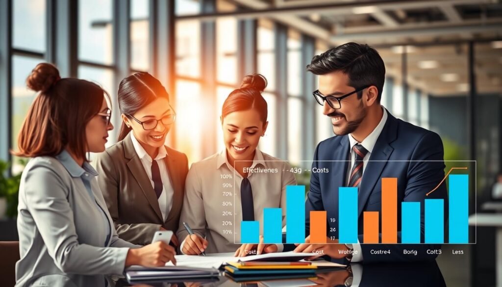 A professional and dynamic illustration showcasing a comparative analysis of recruitment providers in Colombia. In the foreground, a diverse group of three professionals dressed in smart business attire, engaged in a discussion over documents and digital devices, representing the collaborative nature of executive search. In the middle ground, there are charts and graphs displaying various recruitment metrics like effectiveness and costs, symbolizing data-driven choices. The background features a modern office environment with large windows, natural light streaming in, creating a bright and optimistic atmosphere. A slight depth of field effect should be used to focus on the professionals while softly blurring the background. The overall mood is one of innovation and professionalism, highlighting the importance of selecting the right recruitment partners in the fintech landscape.