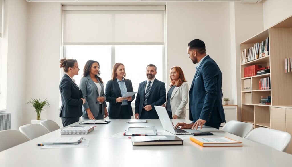 A professional and serene forensic psychological evaluation setting. In the foreground, a diverse group of clinicians, dressed in smart business attire, is gathered around a conference table with psychological assessment tools like notebooks, diagnostic tests, and a laptop, engaging in a focused discussion. The middle ground features a large window letting in soft, natural light, illuminating the room filled with calming colors and minimalistic decor, suggesting a welcoming atmosphere. In the background, shelves lined with psychology texts and certificates add a scholarly touch. The image should capture the atmosphere of precision, care, and collaboration in psychological evaluations within clinical and forensic contexts, conveyed in a realistic and respectful manner. Focus on a warm, professional, and inviting ambiance.