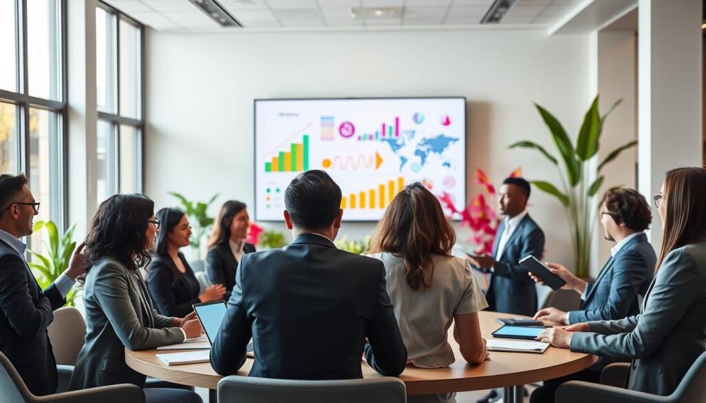 A professional and vibrant office environment showcasing cultural transformation and organizational adaptation. In the foreground, a diverse group of business professionals in formal attire engages in a collaborative discussion at a round table, with digital devices and notebooks in hand. In the middle ground, a large screen displays colorful infographics symbolizing growth and change, while vivid plants add a touch of nature. The background features floor-to-ceiling windows that let in soft, warm natural light, creating a welcoming atmosphere. The mood is one of enthusiasm and innovation, reflecting the dynamic process of cultural transformation within an organization. Use a wide-angle lens to capture depth and perspective.