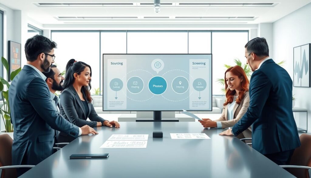 A professional and visually engaging illustration of the four phases of recruitment, depicted as a modern corporate workspace. In the foreground, a diverse group of professionals in business attire (men and women of different ethnicities) are collaborating around a sleek conference table, looking at a large document. In the middle ground, a digital screen displays a flowchart outlining the four phases: sourcing, screening, interviewing, and onboarding, with intuitive icons symbolizing each phase. The background features a bright, open office space with greenery and motivational artwork on the walls, creating an inviting atmosphere. The lighting is bright and natural, suggesting productivity and teamwork. Capture this scene from a slightly elevated angle to provide a comprehensive view of the collaboration in action. A professional and visually engaging illustration of the four phases of recruitment, depicted as a modern corporate workspace. In the foreground, a diverse group of professionals in business attire (men and women of different ethnicities) are collaborating around a sleek conference table, looking at a large document. In the middle ground, a digital screen displays a flowchart outlining the four phases: sourcing, screening, interviewing, and onboarding, with intuitive icons symbolizing each phase. The background features a bright, open office space with greenery and motivational artwork on the walls, creating an inviting atmosphere. The lighting is bright and natural, suggesting productivity and teamwork. Capture this scene from a slightly elevated angle to provide a comprehensive view of the collaboration in action.