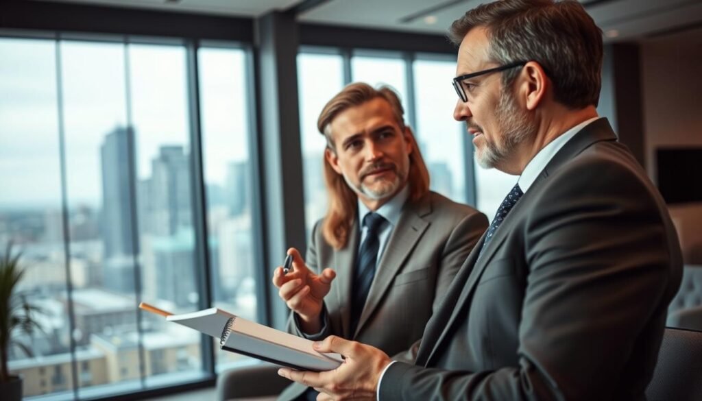 A professional business coaching scene depicting two individuals engaged in a mentoring session. In the foreground, a well-dressed executive woman with a notebook and pen attentively listens to a middle-aged man in a tailored suit, who is gesturing thoughtfully. The setting is a sleek, modern office with large windows allowing natural light to stream in. In the middle background, a city skyline can be seen, adding depth to the environment. The ambiance is warm and encouraging, symbolizing growth and leadership. Soft, diffused lighting creates a welcoming atmosphere, while the camera angle is slightly elevated, capturing both faces expressively. The focus is on the interaction, showcasing the dynamic of coaching and mentorship that strengthens leadership.