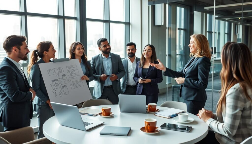 A professional business coaching session in a modern office setting, showcasing a diverse group of individuals engaged in a dynamic discussion. In the foreground, a female coach in a smart suit is passionately presenting ideas on a flip chart, while her clients, a mix of men and women in business attire, listen intently, taking notes. In the middle ground, a round table with laptops, notebooks, and coffee cups indicates an ongoing collaborative environment. The background displays large windows letting in natural light, with cityscape views, contributing to a vibrant and optimistic atmosphere. The mood is focused yet uplifting, emphasizing growth, success, and transformation in the corporate world. The lighting is bright and inviting, creating a sense of energy and inspiration.