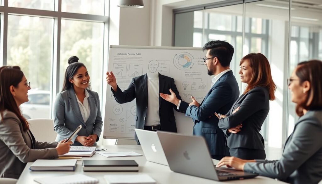 A professional business coaching session taking place in a modern office environment. In the foreground, a diverse group of three business professionals in smart attire - one woman of Asian descent, one man of African descent, and one woman of Hispanic descent - engaged in a discussion around a table filled with notebooks and laptops. In the middle, a confident coach, a man of Caucasian descent, gestures enthusiastically with a whiteboard displaying diagrams related to performance improvement and leadership development. The background features large windows with natural sunlight streaming in, creating a bright and optimistic atmosphere. The overall mood conveys motivation, collaboration, and enhanced leadership skills. Soft focus on the background emphasizes the interaction in the foreground while retaining a professional look.