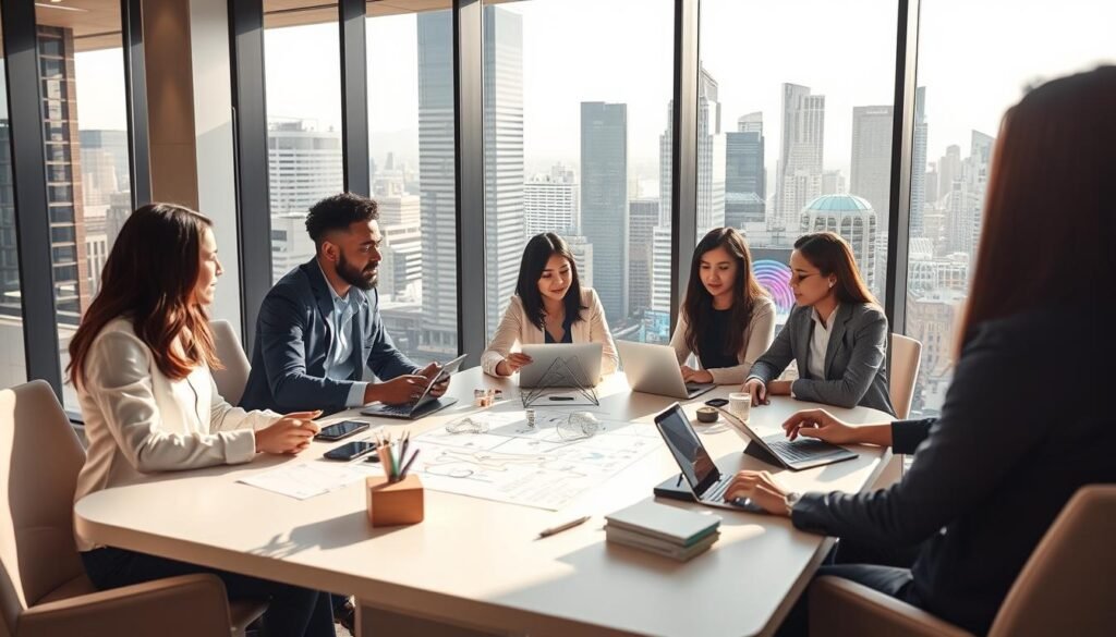 A professional business environment showcasing innovation and adaptability. In the foreground, a diverse group of three individuals in smart casual attire, engaged in a brainstorming session at a sleek, modern table filled with digital devices and innovative design prototypes. In the middle, behind them, large glass windows reveal a bustling cityscape, symbolizing growth and opportunity. The background features a vibrant digital wall displaying flowing data and creative visuals, indicating technological advancement. Soft, natural lighting filters through the windows, casting gentle shadows and creating a warm, inspiring atmosphere. The overall mood conveys collaboration, progress, and a forward-thinking mindset, emphasizing the theme of adaptability in the business world.