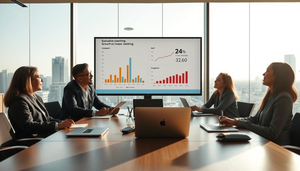 A professional business environment showcasing the benefits of executive coaching and return on investment. In the foreground, a diverse group of four people in business attire engaged in a lively discussion around a modern conference table with laptops and notepads. In the middle, a large screen displays graphs and charts illustrating growth and ROI related to coaching. The background features large windows revealing a city skyline, bathed in bright daylight creating a positive, inspiring atmosphere. Soft shadows enhance the scene, shot from a slight angle to give depth. The overall mood is one of collaboration, success, and professional growth, evoking the transformative power of coaching in business. A professional business environment showcasing the benefits of executive coaching and return on investment. In the foreground, a diverse group of four people in business attire engaged in a lively discussion around a modern conference table with laptops and notepads. In the middle, a large screen displays graphs and charts illustrating growth and ROI related to coaching. The background features large windows revealing a city skyline, bathed in bright daylight creating a positive, inspiring atmosphere. Soft shadows enhance the scene, shot from a slight angle to give depth. The overall mood is one of collaboration, success, and professional growth, evoking the transformative power of coaching in business.