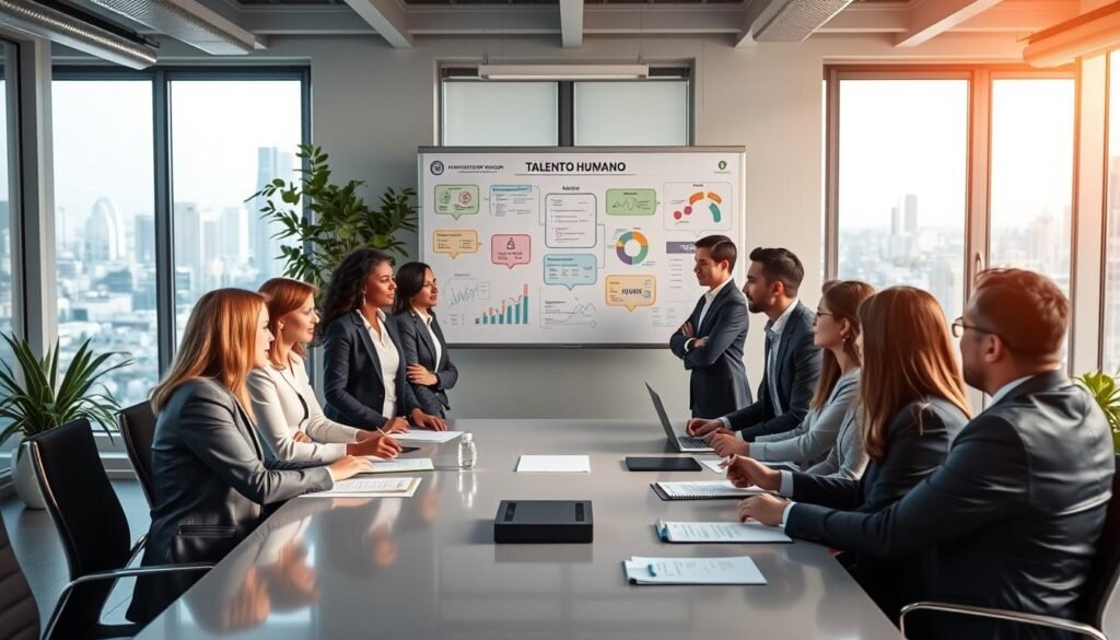 A professional business environment showcasing the concept of "Gestión Integral del Talento Humano." In the foreground, a diverse group of professionals, both men and women, wearing smart business attire, engaged in a collaborative meeting around a sleek conference table. They are actively discussing and brainstorming ideas, portraying teamwork and innovative thinking. In the middle, a large whiteboard filled with colorful diagrams and charts illustrating talent management strategies. The background features a modern office space with large windows letting in natural light, plants for a touch of greenery, and a cityscape visible outside, enhancing the atmosphere of productivity and professionalism. The mood is dynamic and optimistic, emphasizing the importance of human talent in the workplace. Soft, even lighting highlights the participants without harsh shadows.