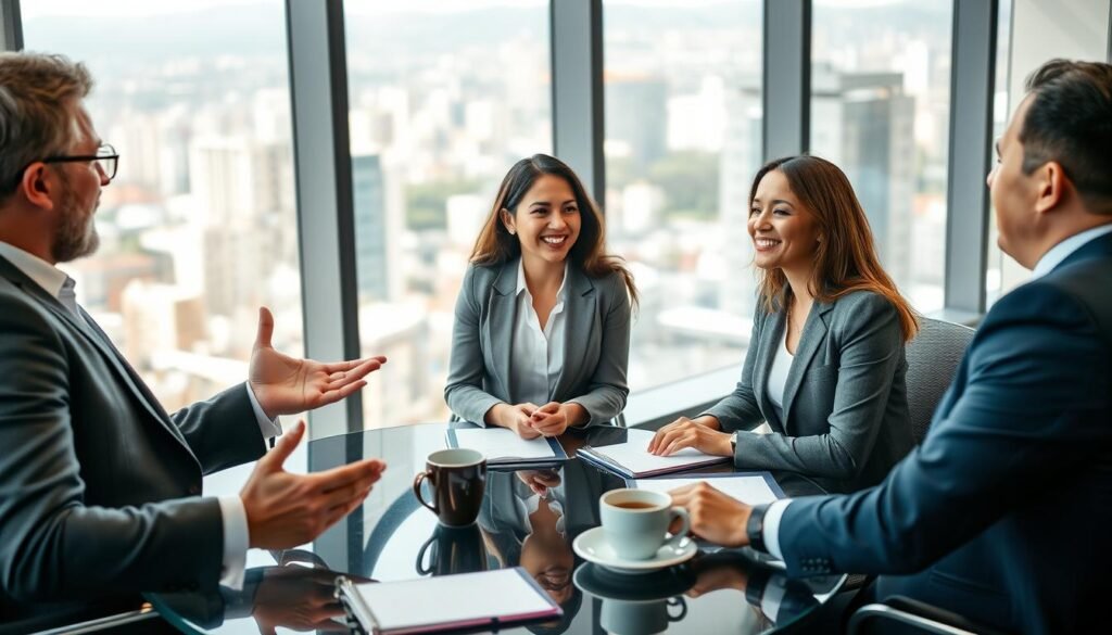 A professional business meeting in Colombia showcasing successful executive coaching. In the foreground, a diverse group of three business professionals, two men and one woman, dressed in smart business attire, engage in a lively discussion. The man on the left is gesturing enthusiastically, while the woman smiles, exuding confidence. In the middle, a sleek glass table with notebooks and coffee cups, symbolizing collaboration. The background features a modern office landscape with large windows showing a vibrant city view. Soft, natural lighting illuminates the scene, creating an inviting atmosphere. The angle is slightly elevated, capturing the dynamic interaction and the positive energy of a successful coaching session.