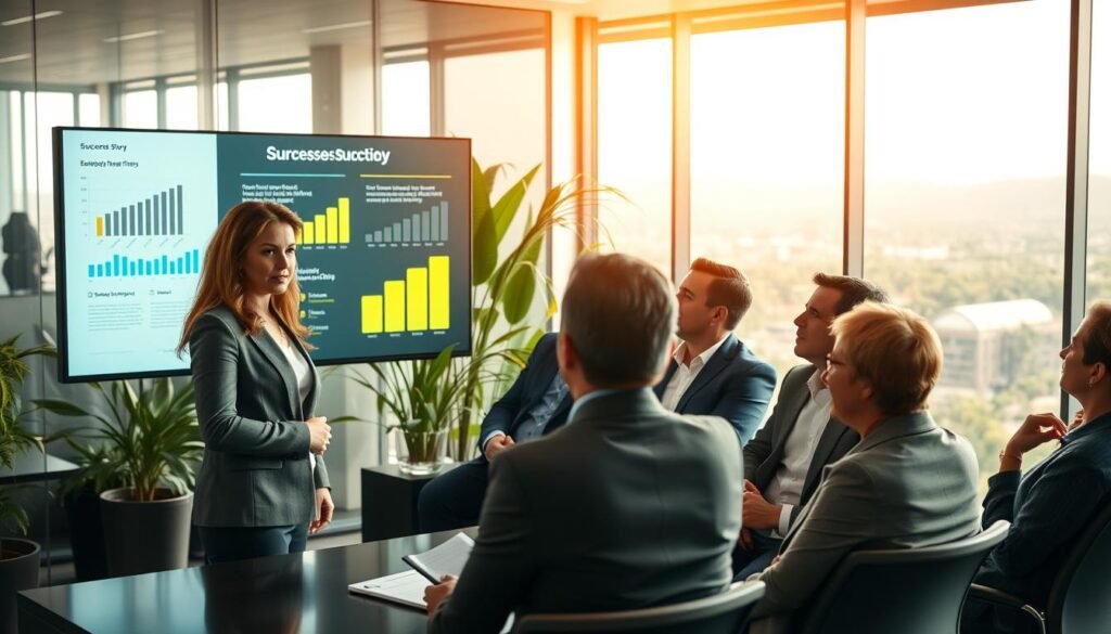 A professional business meeting in a Colombian corporate office, featuring diverse individuals in business attire engaged in a collaborative discussion. In the foreground, a confident female coach is presenting a success story on a digital screen showcasing graphs and testimonials. In the middle, a group of attentively listening professionals, including men and women of varying ages, are taking notes and nodding in agreement, symbolizing shared insights and success. The background displays a modern office environment with glass walls, plants, and a view of the Colombian landscape through large windows. The lighting is warm and inviting, creating an atmosphere of positivity and growth, with a focus on teamwork and professional development. The image exudes motivation and inspiration, with a soft-focus effect capturing the essence of successful coaching in Colombia.