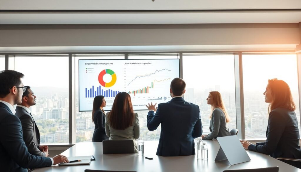 A professional business meeting in a bright, modern office with a panoramic view of a cityscape in the background. In the foreground, diverse business professionals in formal attire discuss economic graphs and labor statistics, analyzing potential impacts on employment in Colombia. One person gestures towards a large screen displaying a colorful pie chart and line graphs related to labor market trends. Soft, natural light filters in through large windows, enhancing the serious yet hopeful atmosphere. The image captures the energy of collaboration and strategy, emphasizing the importance of economic analysis in a corporate environment. The lens is wide-angle, providing a comprehensive view of the scene without any text or overlays.
