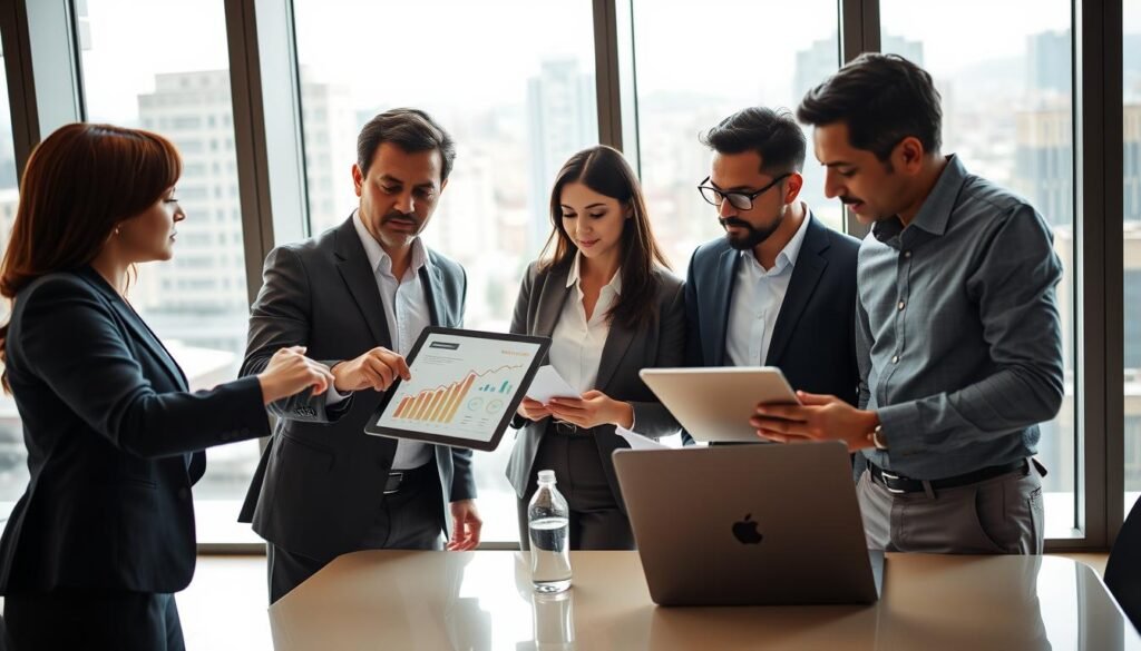 A professional business meeting in a modern office setting, showcasing a diverse group of four business professionals engaged in a discussion. In the foreground, a confident Latina woman in a tailored suit points at a colorful infographic on a tablet, while a Caucasian man in a smart blazer listens attentively. In the middle, a Black woman in professional attire takes notes, and an Asian man, wearing a crisp shirt, is analyzing data on a laptop. The background features large windows with city views of Medellín, bright natural light flooding the room. The atmosphere conveys collaboration and success, with warm, inviting lighting. The angle is slightly elevated to give a comprehensive view of the interaction, emphasizing teamwork and achievement.