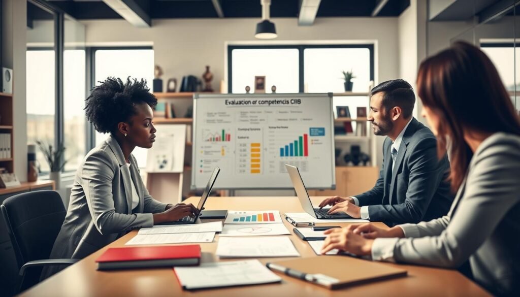 A professional business meeting scene illustrating "evaluación por competencias." In the foreground, a diverse group of three business professionals—one Black woman, one Hispanic man, and one Caucasian woman—engaged in a collaborative discussion around a large table filled with documents and laptops. The middle ground features a whiteboard with colorful graphs and assessment criteria displayed. In the background, soft-focus office elements like shelves of books and awards enhance the business atmosphere. The lighting is bright and natural, streaming through large windows, creating an inviting and energetic mood. The composition captures a dynamic angle, highlighting the interaction and focus on teamwork and evaluation. A professional business meeting scene illustrating "evaluación por competencias." In the foreground, a diverse group of three business professionals—one Black woman, one Hispanic man, and one Caucasian woman—engaged in a collaborative discussion around a large table filled with documents and laptops. The middle ground features a whiteboard with colorful graphs and assessment criteria displayed. In the background, soft-focus office elements like shelves of books and awards enhance the business atmosphere. The lighting is bright and natural, streaming through large windows, creating an inviting and energetic mood. The composition captures a dynamic angle, highlighting the interaction and focus on teamwork and evaluation.
