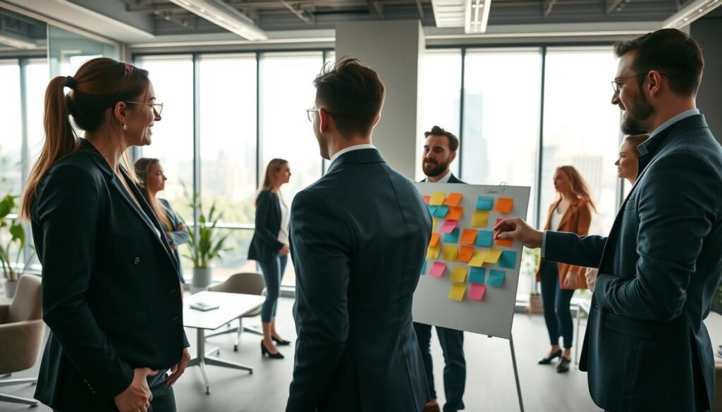 A professional business meeting scene in a modern office filled with diverse team members engaged in a dynamic discussion about corporate culture transformation. In the foreground, a group of three professionals, one female in a tailored suit and two males in smart casual attire, are brainstorming ideas on a flip chart covered in colorful sticky notes. In the middle ground, a large window reveals a bustling cityscape, representing progress and innovation. The background features sleek office furniture and greenery to convey a refreshing atmosphere. The lighting is bright and inviting, emphasizing collaboration and creativity. The angle is slightly elevated, providing an encompassing view that highlights teamwork and strategic planning in a corporate setting. The overall mood is optimistic and energetic, reflecting the spirit of effective change in organizational culture. A professional business meeting scene in a modern office filled with diverse team members engaged in a dynamic discussion about corporate culture transformation. In the foreground, a group of three professionals, one female in a tailored suit and two males in smart casual attire, are brainstorming ideas on a flip chart covered in colorful sticky notes. In the middle ground, a large window reveals a bustling cityscape, representing progress and innovation. The background features sleek office furniture and greenery to convey a refreshing atmosphere. The lighting is bright and inviting, emphasizing collaboration and creativity. The angle is slightly elevated, providing an encompassing view that highlights teamwork and strategic planning in a corporate setting. The overall mood is optimistic and energetic, reflecting the spirit of effective change in organizational culture.