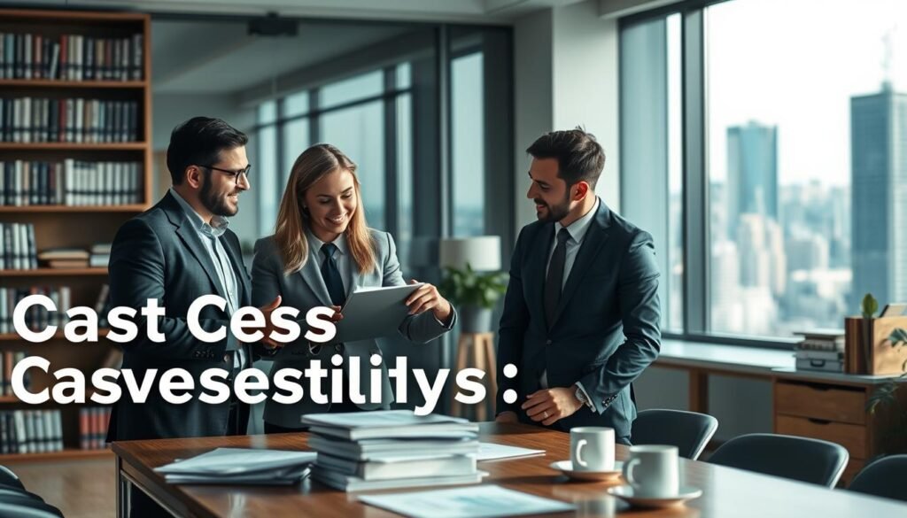 A professional business meeting scene in a modern office, highlighting successful case studies and testimonials. In the foreground, a diverse group of three professionals, two men and one woman, dressed in business attire, are engaged in discussion, with one pointing at a digital report displayed on a sleek tablet. In the middle ground, a large window shows a bustling cityscape, symbolizing growth and success. On a nearby table, a stack of reports and coffee cups suggest a collaborative atmosphere. Soft, natural light streams in, creating a welcoming ambiance, while a blurred background of bookshelves filled with business literature adds depth. The mood is optimistic and motivational, perfect for showcasing client success stories.