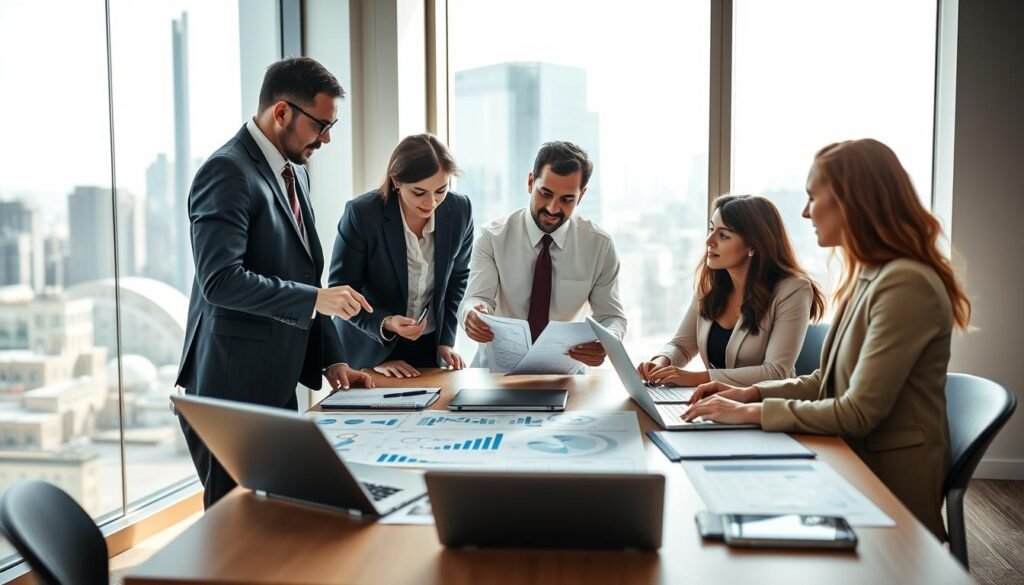 A professional business meeting scene in a well-lit conference room, featuring diverse individuals in business attire engaged in a deep discussion about skills assessment. In the foreground, a table covered with graphs, charts, and laptops showcasing analysis results of competencies. In the middle, a group of three professionals, two men and one woman, actively sharing insights, with one pointing to a document and another taking notes. The background features a modern city skyline visible through large windows, symbolizing progress and opportunity. Soft, natural light flows in, creating an atmosphere of collaboration and focus, with a slightly blurred depth of field to emphasize the participants and the documents on the table.