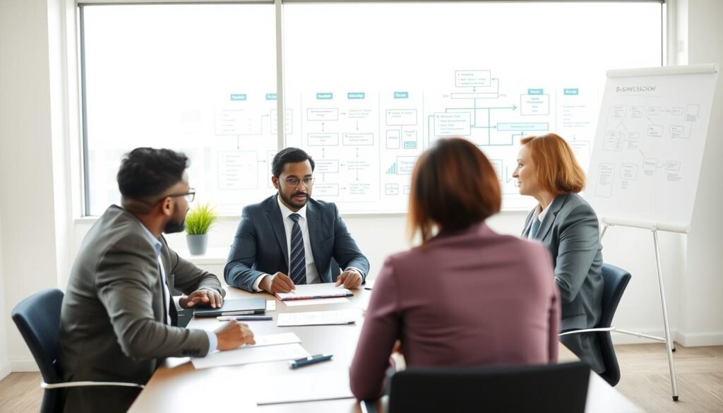A professional business meeting scene set in a modern conference room. In the foreground, a diverse group of three professionals in formal attire—two men and one woman—are engaged in a focused discussion around a large table filled with documents and digital devices. The middle of the image showcases a large window that allows natural light to flood the room, creating a bright and encouraging atmosphere. In the background, a whiteboard filled with strategic diagrams and flowcharts illustrates business succession strategies. The overall mood is collaborative and optimistic, emphasizing teamwork and planning for success in business succession. Use a soft focus effect to make the scene feel welcoming and professional.