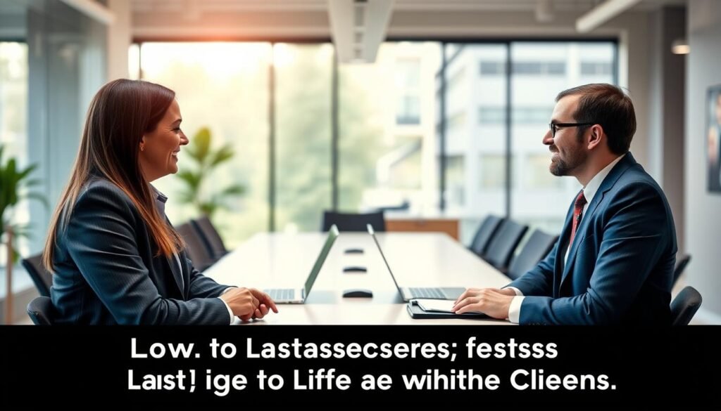 A professional business meeting scene showcasing collaboration and lasting relationships with clients. In the foreground, two business professionals, a man and a woman, engage in a friendly discussion; both are dressed in smart business attire, representing diversity. The middle ground features a sleek conference table with laptops and documents, symbolizing teamwork and strategic planning. The background shows a modern office space with large windows letting in soft, natural light, creating an inviting atmosphere. The mood is warm and collaborative, highlighting trust and partnership. Use a slightly elevated angle to emphasize the interaction and focus on the subjects’ facial expressions, ensuring clarity and detail. A professional business meeting scene showcasing collaboration and lasting relationships with clients. In the foreground, two business professionals, a man and a woman, engage in a friendly discussion; both are dressed in smart business attire, representing diversity. The middle ground features a sleek conference table with laptops and documents, symbolizing teamwork and strategic planning. The background shows a modern office space with large windows letting in soft, natural light, creating an inviting atmosphere. The mood is warm and collaborative, highlighting trust and partnership. Use a slightly elevated angle to emphasize the interaction and focus on the subjects’ facial expressions, ensuring clarity and detail.