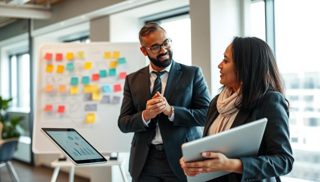 A professional business meeting setting with three diverse individuals engaged in dynamic discussion, representing "strategic planning" and "individual development" in leadership. In the foreground, a diverse woman in professional attire is presenting a strategy on a digital tablet, while a middle-aged man in a suit listens attentively. In the middle ground, a whiteboard filled with colorful diagrams and post-it notes reflects collaboration and ideas in progress, embodying the theme of strategic development. The background features a modern office space with large windows allowing natural light to flood in, creating an inspiring atmosphere. The lighting is bright yet warm to evoke a sense of motivation and productivity, captured from a slightly angled perspective to add depth and focus to the subjects.