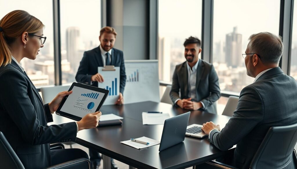 A professional business meeting takes place in a modern office setting, showcasing a diverse group of four individuals engaged in a dynamic discussion. In the foreground, a woman in a tailored suit points at a digital tablet displaying graphs and partnership strategies, while a man in formal attire nods thoughtfully. The middle ground features a sleek conference table with laptops, documents, and a whiteboard illustrating strategic alliances. In the background, large windows reveal a city skyline bathed in soft, natural light, creating an atmosphere of collaboration and growth. The image captures a sense of teamwork and ambition, emphasizing the importance of strengthening relationships and strategic alliances in the business world. Use a slightly elevated angle with warm lighting to enhance the inviting mood. A professional business meeting takes place in a modern office setting, showcasing a diverse group of four individuals engaged in a dynamic discussion. In the foreground, a woman in a tailored suit points at a digital tablet displaying graphs and partnership strategies, while a man in formal attire nods thoughtfully. The middle ground features a sleek conference table with laptops, documents, and a whiteboard illustrating strategic alliances. In the background, large windows reveal a city skyline bathed in soft, natural light, creating an atmosphere of collaboration and growth. The image captures a sense of teamwork and ambition, emphasizing the importance of strengthening relationships and strategic alliances in the business world. Use a slightly elevated angle with warm lighting to enhance the inviting mood.