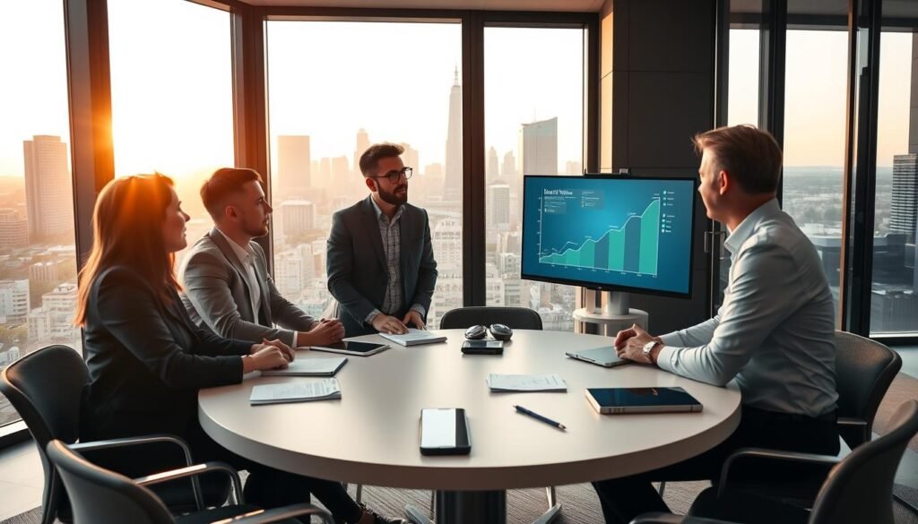 A professional business meeting taking place in a modern office setting that focuses on systemic executive coaching. In the foreground, a diverse group of three professionals in business attire — two men and one woman — are engaged in a dynamic discussion, sharing ideas while looking at a graph displayed on a digital screen, reflecting growth and transformation. In the middle ground, an inviting round table with notebooks and digital devices scattered around, symbolizing collaboration and innovative thinking. In the background, large windows showcase a city skyline bathed in warm afternoon light, casting a soft glow across the scene. The atmosphere is energetic and focused, conveying a sense of teamwork and strategic development. A professional business meeting taking place in a modern office setting that focuses on systemic executive coaching. In the foreground, a diverse group of three professionals in business attire — two men and one woman — are engaged in a dynamic discussion, sharing ideas while looking at a graph displayed on a digital screen, reflecting growth and transformation. In the middle ground, an inviting round table with notebooks and digital devices scattered around, symbolizing collaboration and innovative thinking. In the background, large windows showcase a city skyline bathed in warm afternoon light, casting a soft glow across the scene. The atmosphere is energetic and focused, conveying a sense of teamwork and strategic development.
