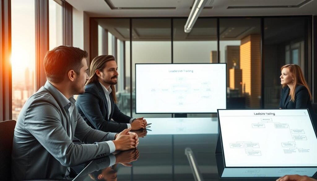 A professional business scene illustrating leadership skill development. In the foreground, a diverse group of four executives, two men and two women, dressed in smart business attire, are engaged in a collaborative discussion around a modern conference table. Their expressions show focus and determination. In the middle ground, a large screen displays a flowchart of decision-making strategies, brightly lit to capture attention. The background hints at a sleek, contemporary office with large windows revealing a cityscape bathed in warm, natural light, creating an optimistic atmosphere. Use a wide-angle lens to convey a sense of spaciousness and teamwork. The mood is inspiring and professional, embodying the essence of leadership training and strategic thinking. A professional business scene illustrating leadership skill development. In the foreground, a diverse group of four executives, two men and two women, dressed in smart business attire, are engaged in a collaborative discussion around a modern conference table. Their expressions show focus and determination. In the middle ground, a large screen displays a flowchart of decision-making strategies, brightly lit to capture attention. The background hints at a sleek, contemporary office with large windows revealing a cityscape bathed in warm, natural light, creating an optimistic atmosphere. Use a wide-angle lens to convey a sense of spaciousness and teamwork. The mood is inspiring and professional, embodying the essence of leadership training and strategic thinking.