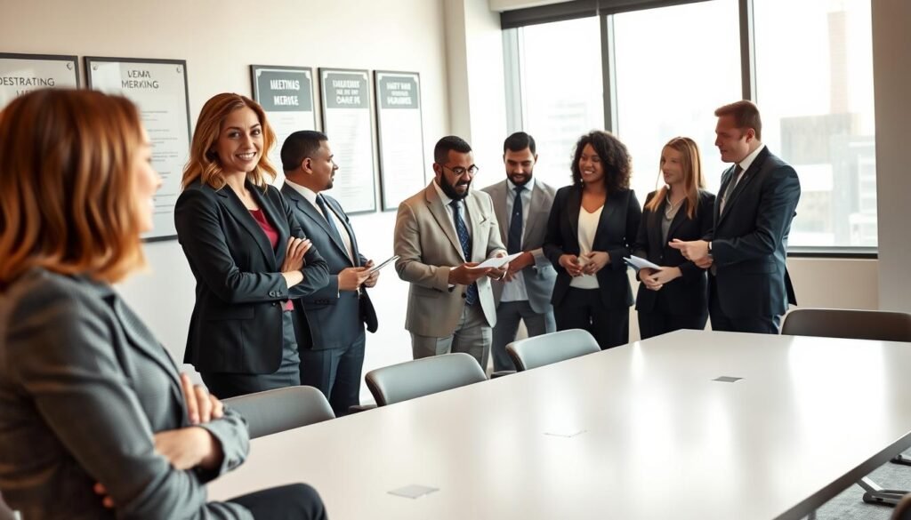 A professional business setting depicting a diverse group of corporate leaders engaged in a coaching session focused on adaptation to mergers and corporate changes. In the foreground, a confident female coach, dressed in smart business attire, facilitates a discussion amongst the team. The middle ground shows multinational professionals, including men and women of various ethnic backgrounds, in business suits, exchanging ideas and notes. The background features a modern office space with large windows letting in natural light, motivational posters on the walls, and a sleek conference table. The atmosphere is collaborative and dynamic, conveying a sense of growth, transformation, and unity. The image should have soft, warm lighting, emphasizing a positive and inspiring mood, captured from a slightly elevated angle to showcase the interactions effectively. A professional business setting depicting a diverse group of corporate leaders engaged in a coaching session focused on adaptation to mergers and corporate changes. In the foreground, a confident female coach, dressed in smart business attire, facilitates a discussion amongst the team. The middle ground shows multinational professionals, including men and women of various ethnic backgrounds, in business suits, exchanging ideas and notes. The background features a modern office space with large windows letting in natural light, motivational posters on the walls, and a sleek conference table. The atmosphere is collaborative and dynamic, conveying a sense of growth, transformation, and unity. The image should have soft, warm lighting, emphasizing a positive and inspiring mood, captured from a slightly elevated angle to showcase the interactions effectively.