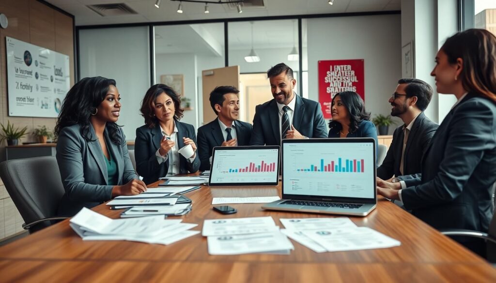 A professional business setting featuring a diverse group of HR directors engaged in a collaborative meeting. In the foreground, three directors (a Black woman, a Caucasian man, and a Hispanic woman) are sharing success stories and testimonials, each wearing sharp, professional attire. The middle ground includes a large conference table strewn with documents and a laptop displaying graphs of successful HR strategies. In the background, a large window allows natural light to flood the room, highlighting a modern office environment with motivational posters on the walls. The atmosphere is one of inspiration and achievement, with soft, warm lighting, and a slight depth of field effect to emphasize the subjects in focus.