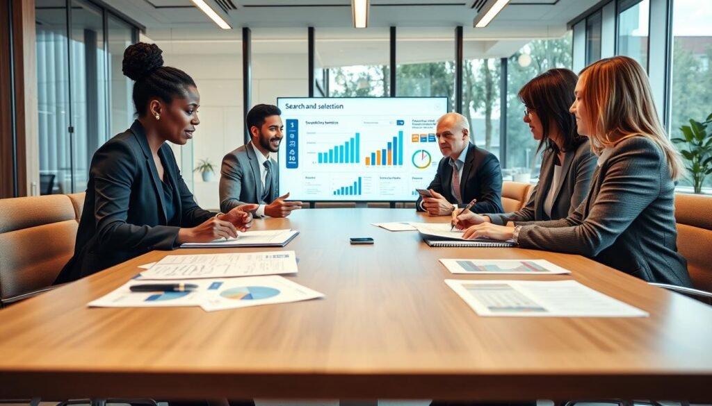 A professional business setting featuring a diverse group of business leaders engaged in a collaborative discussion around a large conference table. In the foreground, three individuals in professional attire (a Black woman, a Hispanic man, and a Caucasian woman) are actively sharing insights with documents and digital devices in front of them. In the middle ground, charts and graphs on a screen illustrate the search and selection process. The background reveals a modern office with large windows providing natural light, creating a bright, inspiring atmosphere. The scene should convey an air of professionalism, teamwork, and strategy, captured with a slight low-angle perspective to emphasize the leaders’ authority and engagement. Use soft, warm lighting to enhance the inviting mood of the image.
