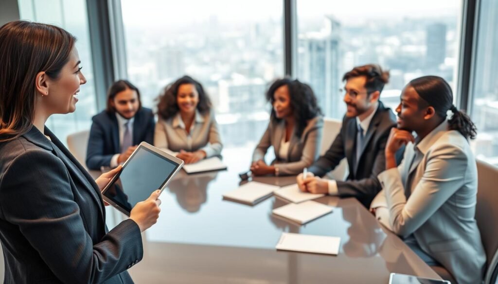 A professional business setting featuring a diverse group of executives engaged in a collaborative coaching session. In the foreground, a confident female coach in formal business attire guides a discussion, holding a digital tablet. The middle ground displays attentive executives of varying ethnicities seated around a sleek conference table, some taking notes, others actively contributing ideas. In the background, a large window reveals a modern cityscape, with soft natural light flooding the room, creating an inviting atmosphere. The scene evokes a sense of empowerment and teamwork, with a focus on personal and professional development, captured using a slightly elevated angle to encompass the dynamics of the coaching interaction. The image should convey a mood of professionalism, motivation, and strategic thinking.