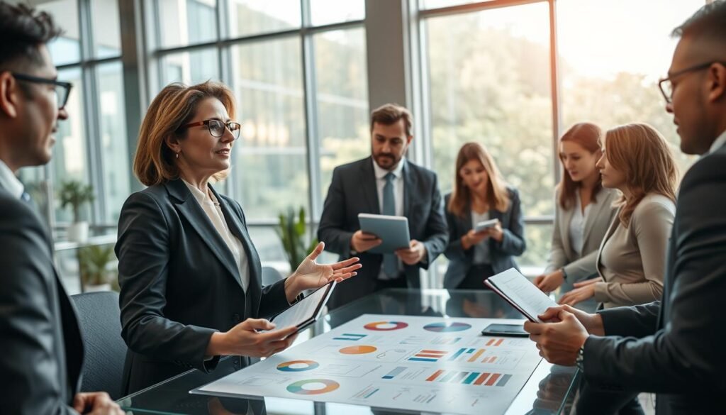 A professional business setting featuring a diverse group of executives engaged in a dynamic brainstorming session. In the foreground, a middle-aged woman in a tailored suit actively leads a discussion, her body language open and inviting. Beside her, a younger man takes notes on a tablet, showcasing technological adaptability. In the middle, a large glass table is filled with colorful charts and strategic diagrams, illustrating skill development goals. The background is filled with large windows allowing natural light to flood the room, casting soft shadows. The atmosphere is collaborative and innovative, highlighting teamwork and the importance of executive competencies. Use a wide-angle lens to capture the vibrancy of the space, focusing on the expressions of determination and creativity.