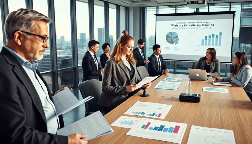 A professional business setting showcasing a diverse group of executives engaged in a leader evaluation meeting. In the foreground, a serious-looking middle-aged man in a tailored suit is reviewing documents, while a young woman in professional attire takes notes on a tablet. The middle ground features a large conference table with charts and graphs displayed, and a digital projector casting an insightful presentation about leadership qualities on the wall. The background reveals a modern office environment with glass walls and city skyline views, illuminated by soft natural light filtering through the windows. The atmosphere is focused and collaborative, emphasizing the importance of leadership selection in the manufacturing sector. Use a wide-angle lens to capture the entire scene, conveying professionalism and dedication.