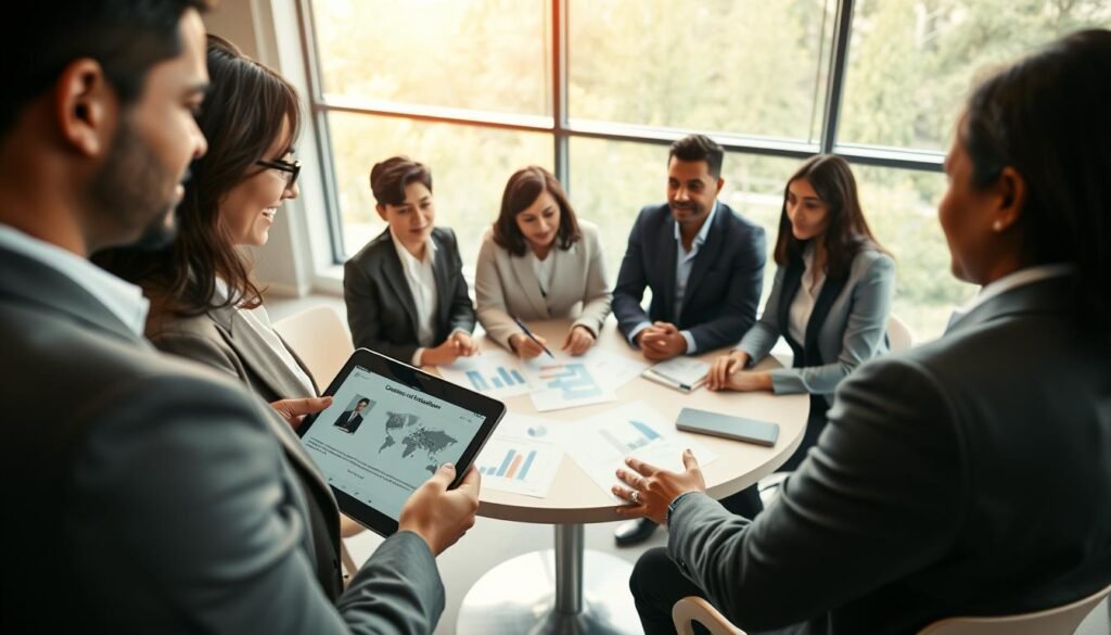 A professional business setting showcasing a diverse group of individuals engaged in a collaborative discussion. In the foreground, two persons in business attire are reviewing a candidate's profile on a digital tablet. One individual is a middle-aged Hispanic woman, and the other is a young Caucasian man. In the middle, a round table with charts and coaching materials spreads out, surrounded by four other professionals, including a Black man and an Asian woman, all attentively listening. The background presents a modern office environment with large windows letting in natural light, enhancing the atmosphere of focused decision-making. The lighting is warm and inviting, conveying a tone of professionalism and teamwork, captured with a soft-focus lens to emphasize the group dynamic. A professional business setting showcasing a diverse group of individuals engaged in a collaborative discussion. In the foreground, two persons in business attire are reviewing a candidate's profile on a digital tablet. One individual is a middle-aged Hispanic woman, and the other is a young Caucasian man. In the middle, a round table with charts and coaching materials spreads out, surrounded by four other professionals, including a Black man and an Asian woman, all attentively listening. The background presents a modern office environment with large windows letting in natural light, enhancing the atmosphere of focused decision-making. The lighting is warm and inviting, conveying a tone of professionalism and teamwork, captured with a soft-focus lens to emphasize the group dynamic.