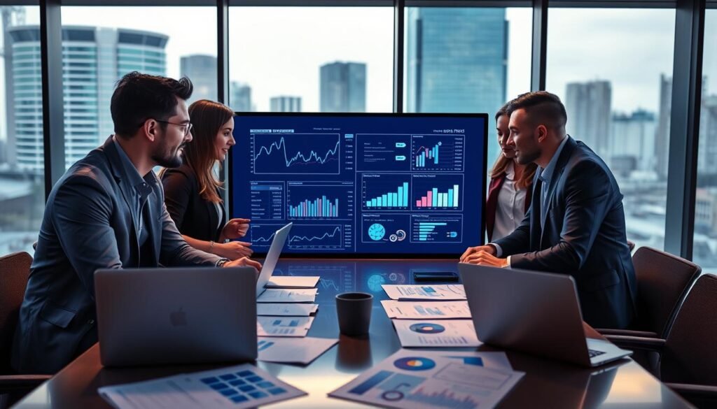A professional business setting showcasing a strategic ROI analysis in the selection process. The foreground features a diverse group of three professionals in business attire, engaged in a discussion around a table with laptops, charts, and graphs spread out. In the middle, a large digital screen displays data visuals, such as ROI metrics and strategic planning diagrams, illuminated with soft blue lighting to create a focused atmosphere. The background includes glass walls with a view of an urban skyline, suggesting a dynamic business environment. The overall mood is analytical and collaborative, with warm, ambient lighting to enhance the professionalism and seriousness of the analysis, captured with a slightly elevated angle for depth.