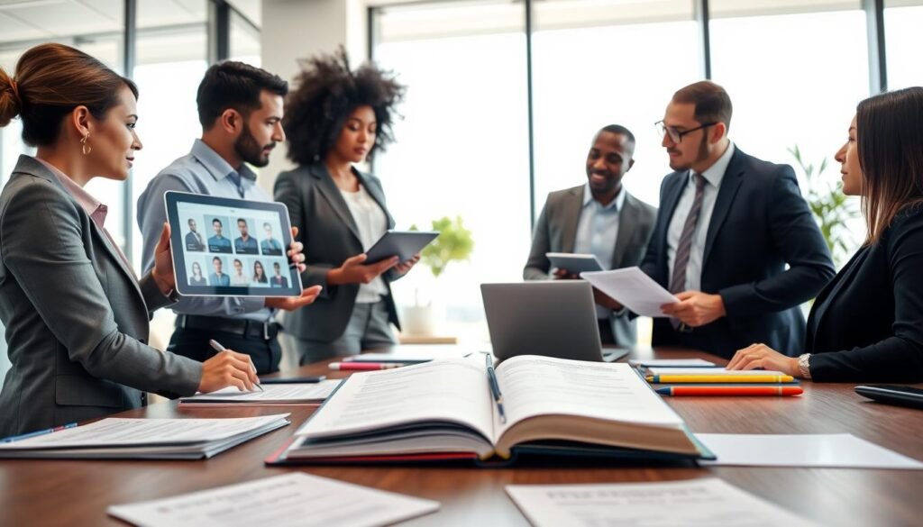 A professional business setting showcasing proactive strategies for candidate identification and evaluation. Foreground: a diverse group of three professionals engaged in a collaborative discussion, dressed in smart business attire, with one holding a tablet displaying candidate profiles. Middle ground: a large conference table scattered with resumes, notepads, and a laptop, with a focus on an open notebook filled with strategic notes. Background: a bright office environment with large windows allowing natural light to flood in, giving a sense of openness and transparency. The atmosphere is focused and dynamic, with a hint of creative energy, symbolizing teamwork and innovation in recruitment. Use a slightly elevated perspective to capture the interaction and ambiance effectively. A professional business setting showcasing proactive strategies for candidate identification and evaluation. Foreground: a diverse group of three professionals engaged in a collaborative discussion, dressed in smart business attire, with one holding a tablet displaying candidate profiles. Middle ground: a large conference table scattered with resumes, notepads, and a laptop, with a focus on an open notebook filled with strategic notes. Background: a bright office environment with large windows allowing natural light to flood in, giving a sense of openness and transparency. The atmosphere is focused and dynamic, with a hint of creative energy, symbolizing teamwork and innovation in recruitment. Use a slightly elevated perspective to capture the interaction and ambiance effectively.