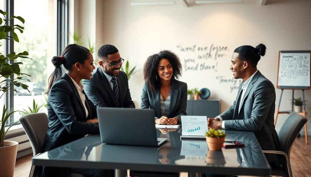 A professional business setting showcasing the benefits of executive coaching for companies. In the foreground, a diverse group of three individuals in smart business attire, engaged in a productive discussion around a sleek conference table, with a laptop displaying charts and notes. In the middle, a bright, modern office environment with greenery and large windows allowing natural light to flood in, creating a warm and inviting atmosphere. The background features motivational quotes on the walls and a small whiteboard filled with brainstorming notes. The mood is collaborative and focused, emphasizing teamwork and growth. The image should be vibrant with soft, diffused lighting to enhance professionalism and inspiration. A professional business setting showcasing the benefits of executive coaching for companies. In the foreground, a diverse group of three individuals in smart business attire, engaged in a productive discussion around a sleek conference table, with a laptop displaying charts and notes. In the middle, a bright, modern office environment with greenery and large windows allowing natural light to flood in, creating a warm and inviting atmosphere. The background features motivational quotes on the walls and a small whiteboard filled with brainstorming notes. The mood is collaborative and focused, emphasizing teamwork and growth. The image should be vibrant with soft, diffused lighting to enhance professionalism and inspiration.