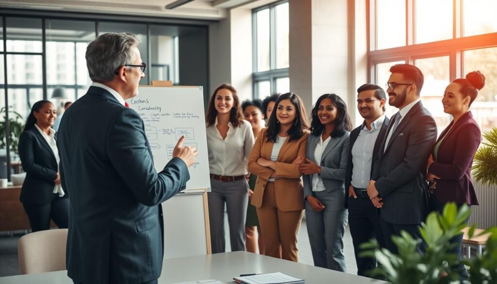 A professional business setting with a diverse group of executives engaged in a dynamic coaching session. In the foreground, a confident coach leads the discussion, gesturing towards a whiteboard filled with strategic insights. The middle ground features attentive professionals, both men and women of varying ethnicities, dressed in smart business attire, illustrating the collaborative atmosphere of executive coaching. The background includes modern office decor with large windows allowing natural light to illuminate the scene, casting a warm, inviting glow. The mood is focused yet optimistic, reflecting the transformative impact of coaching on talent management. Capture the scene from a slightly elevated angle to convey the depth of interaction and engagement among the participants.