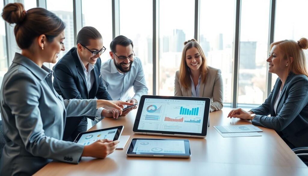 A professional business setting with a diverse group of individuals gathered around a modern conference table, collaboratively analyzing charts and diagrams on digital tablets. In the foreground, a confident female executive in business attire leads the discussion, pointing at a screen displaying flowcharts and performance metrics. In the middle, a male team member takes notes, while another woman smiles and nods, engaged in the conversation. The background features a large window with cityscape views, allowing natural light to flood the room, creating a bright and open atmosphere. The mood is focused and optimistic, suggesting growth and teamwork. The image captures the essence of diagnosing and optimizing processes for organizational growth. A professional business setting with a diverse group of individuals gathered around a modern conference table, collaboratively analyzing charts and diagrams on digital tablets. In the foreground, a confident female executive in business attire leads the discussion, pointing at a screen displaying flowcharts and performance metrics. In the middle, a male team member takes notes, while another woman smiles and nods, engaged in the conversation. The background features a large window with cityscape views, allowing natural light to flood the room, creating a bright and open atmosphere. The mood is focused and optimistic, suggesting growth and teamwork. The image captures the essence of diagnosing and optimizing processes for organizational growth.
