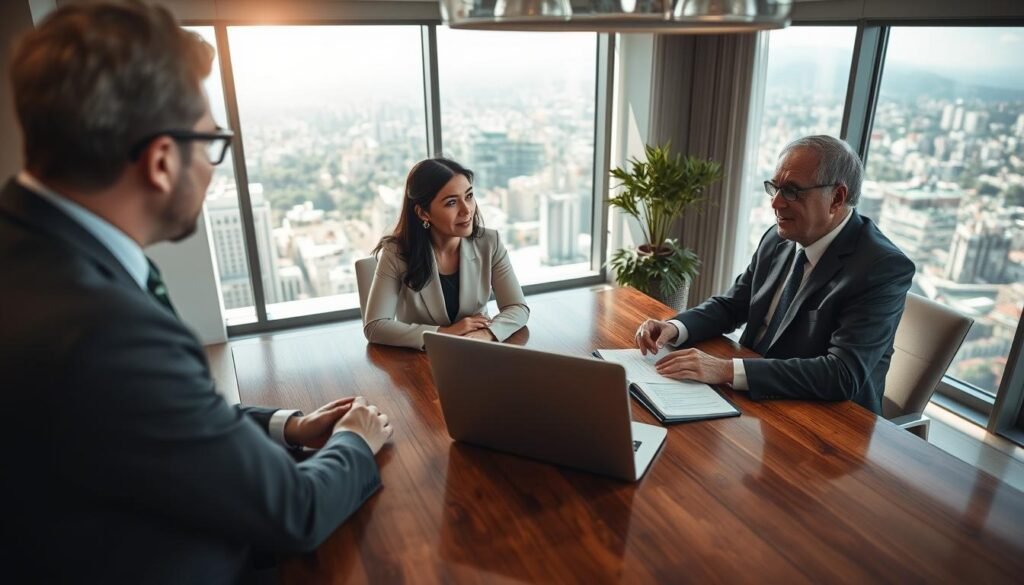 A professional businesswoman sitting at a polished wooden table in a modern office, engaged in a thoughtful discussion with an expert. She is dressed in elegant, business attire. The expert, a middle-aged man in a suit, shares insights, while a laptop and notepad are open, suggesting a note-taking atmosphere. In the background, large windows reveal a vibrant skyline of a Colombian city, with sunlight streaming in, creating a warm and inviting ambience. The focus is on the interaction and exchange of ideas, with soft, natural lighting enhancing the scene. An overhead angle captures both the professionals and surrounding decor, emphasizing the strategic, purposeful nature of effective interviews.