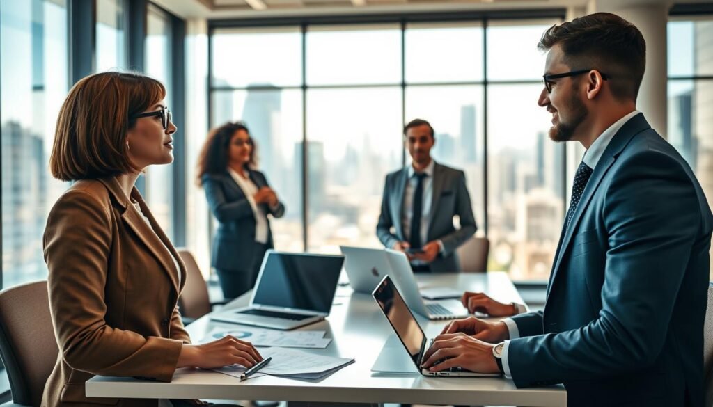 A professional career development scene depicting a diverse group of financial recruiters in a modern office environment. In the foreground, a smartly dressed female recruiter, with short hair and glasses, is engaged in a conversation with a male candidate in business attire, showcasing confidence and ambition. The middle ground features a sleek conference table with laptops and financial reports scattered across it, symbolizing opportunities for growth. In the background, large windows allow natural light to flood in, illuminating the city skyline, conveying a vibrant and dynamic atmosphere. The mood is optimistic and professional, with warm tones enhancing a sense of collaboration and success, hinting at a thriving career in finance. Focus on clear, sharp details and a slightly elevated angle to capture the essence of professionalism and ambition.