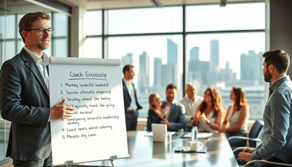 A professional coach, dressed in business attire, stands confidently in a modern conference room filled with diverse executives engaged in a collaborative discussion. In the foreground, a flip chart displays key points of a successful leadership strategy. The middle ground shows a diverse group of enthusiastic professionals, representing various backgrounds, actively participating and sharing ideas. Soft natural light filters through large windows, creating an inviting atmosphere. The background features a sleek urban skyline visible through the glass, symbolizing progress and success. The overall mood is one of inspiration, teamwork, and achievement, reflecting the spirit of executive development and collaboration in a vibrant corporate setting. A professional coach, dressed in business attire, stands confidently in a modern conference room filled with diverse executives engaged in a collaborative discussion. In the foreground, a flip chart displays key points of a successful leadership strategy. The middle ground shows a diverse group of enthusiastic professionals, representing various backgrounds, actively participating and sharing ideas. Soft natural light filters through large windows, creating an inviting atmosphere. The background features a sleek urban skyline visible through the glass, symbolizing progress and success. The overall mood is one of inspiration, teamwork, and achievement, reflecting the spirit of executive development and collaboration in a vibrant corporate setting.