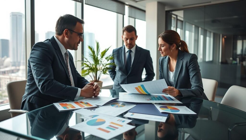 A professional coach, dressed in smart business attire, is engaged in a concentration-filled discussion with two executives in a modern office setting. The foreground features a sleek, glass table scattered with colorful charts and strategic plans, signifying the integration of executive coaching in organizational strategies. In the middle ground, a large window reveals a urban skyline, contrasted with the bright, motivational atmosphere inside the office, illuminated by soft, natural light. A potted plant adds a touch of warmth. The mood conveys collaboration, focus, and ambition, encapsulating a professional environment where ideas flourish. Capture this scene from a slightly elevated angle for a dynamic perspective.