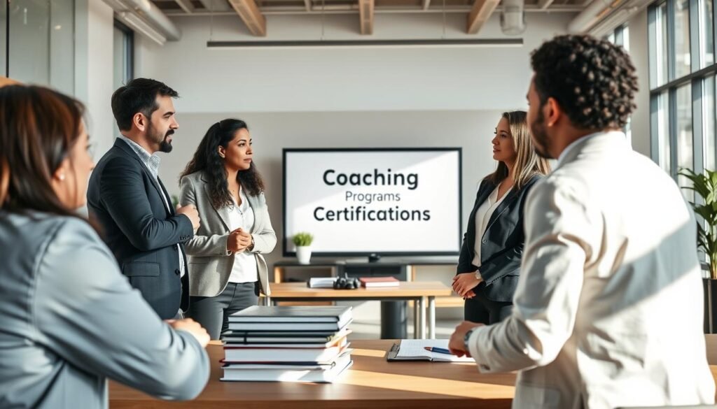 A professional coaching environment illustrating various study modalities. In the foreground, a diverse group of four individuals—two men and two women—engaged in a dynamic discussion, wearing professional business attire. The middle ground features a modern classroom setup with a large interactive screen displaying "Coaching Programs and Certifications," stacks of books, and study materials neatly arranged on a table. The background showcases a well-lit, contemporary office space with large windows allowing natural light to fill the room, creating an inviting atmosphere. Soft shadows accentuate the warm colors of the decor, evoking a sense of motivation and collaboration in the air. The overall mood is focused yet inspiring, capturing the essence of learning and professional development in coaching.