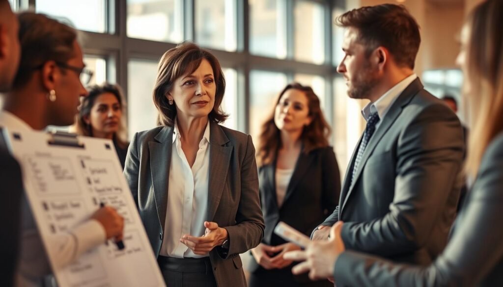 A professional coaching scene depicting a diverse group of individuals engaged in a thoughtful discussion about ethics and social responsibility. In the foreground, a middle-aged woman in a tailored blazer presents ideas on a flip chart, exuding confidence and clarity. Next to her, a younger man in business casual clothing listens intently, nodding in agreement. In the background, soft-focus silhouettes of other participants contribute to an atmosphere of collaboration, all within a modern conference room bathed in warm, natural light from large windows. The scene conveys a mood of dedication and commitment to ethical practices in coaching, highlighting a sense of shared purpose and responsibility. A slight depth of field creates an intimate ambiance, emphasizing the importance of the topic being discussed.