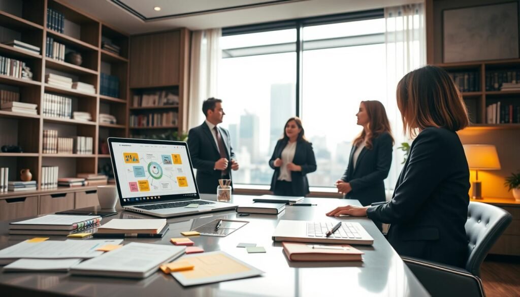 A professional coaching scene showcasing effective coaching tools in an elegant office setting. In the foreground, a sleek modern desk is adorned with coaching materials, such as notebooks, colorful sticky notes, and a laptop displaying a coaching presentation. In the middle ground, a diverse group of three professionals in business attire is engaged in an animated discussion, embodying collaboration and learning. The background features a large window with natural light streaming in, illuminating a city view, and shelves filled with books on coaching and leadership. The mood is one of inspiration and motivation, with warm lighting creating an inviting atmosphere. The angle captures the dynamics of the group while emphasizing the organized workspace.