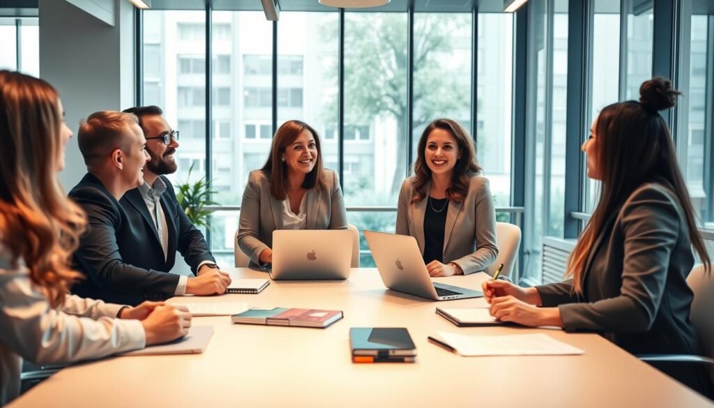 A professional coaching session focused on relational communication and leadership. In the foreground, a diverse group of four business professionals, two men and two women, engaged in an animated discussion, dressed in smart casual attire. In the middle ground, a large table covered with notebooks and laptops, emphasizing teamwork and collaboration. The background features a bright, modern office with large windows allowing natural light to flood the space, creating an inspiring atmosphere. Soft, warm lighting enhances the mood of connection and positivity. Capture the scene from a slight overhead angle to showcase the group dynamics, fostering an inclusive and communicative environment that reflects the essence of relational coaching. A professional coaching session focused on relational communication and leadership. In the foreground, a diverse group of four business professionals, two men and two women, engaged in an animated discussion, dressed in smart casual attire. In the middle ground, a large table covered with notebooks and laptops, emphasizing teamwork and collaboration. The background features a bright, modern office with large windows allowing natural light to flood the space, creating an inspiring atmosphere. Soft, warm lighting enhances the mood of connection and positivity. Capture the scene from a slight overhead angle to showcase the group dynamics, fostering an inclusive and communicative environment that reflects the essence of relational coaching.