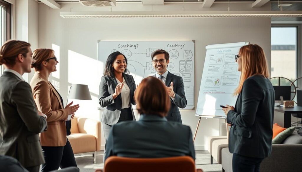 A professional coaching session focused on "soft skills" and emotional development in a modern corporate setting. In the foreground, a diverse group of four individuals, dressed in smart casual business attire, are engaged in an animated discussion, with one person gesturing passionately. In the middle ground, a whiteboard filled with diagrams and notes illustrates concepts related to coaching and personal growth. Soft, natural lighting streams in from a large window, casting gentle shadows and creating a warm atmosphere. In the background, stylish office furniture complements a modern workspace, emphasizing collaboration and creativity. The overall mood is motivational and focused, reflecting the importance of personal development in a professional environment.