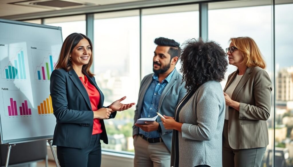 A professional coaching session in a bright, modern office setting in Colombia, featuring a diverse group of four individuals engaged in a dynamic discussion. In the foreground, a confident female coach, in business attire, stands by a whiteboard displaying colorful charts and positive graphs, symbolizing success. In the middle, two participants listen intently, taking notes, one is a young Colombian man in smart casual attire, the other an older Colombian woman wearing a professional outfit. The background shows a large window with a view of Colombia's vibrant cityscape under natural lighting, creating an inspiring atmosphere. The composition conveys a sense of collaboration, achievement, and cultural richness, reflecting successful coaching experiences in organizational culture. The image should be bright and inviting, with a focus on teamwork and professional growth. A professional coaching session in a bright, modern office setting in Colombia, featuring a diverse group of four individuals engaged in a dynamic discussion. In the foreground, a confident female coach, in business attire, stands by a whiteboard displaying colorful charts and positive graphs, symbolizing success. In the middle, two participants listen intently, taking notes, one is a young Colombian man in smart casual attire, the other an older Colombian woman wearing a professional outfit. The background shows a large window with a view of Colombia's vibrant cityscape under natural lighting, creating an inspiring atmosphere. The composition conveys a sense of collaboration, achievement, and cultural richness, reflecting successful coaching experiences in organizational culture. The image should be bright and inviting, with a focus on teamwork and professional growth.