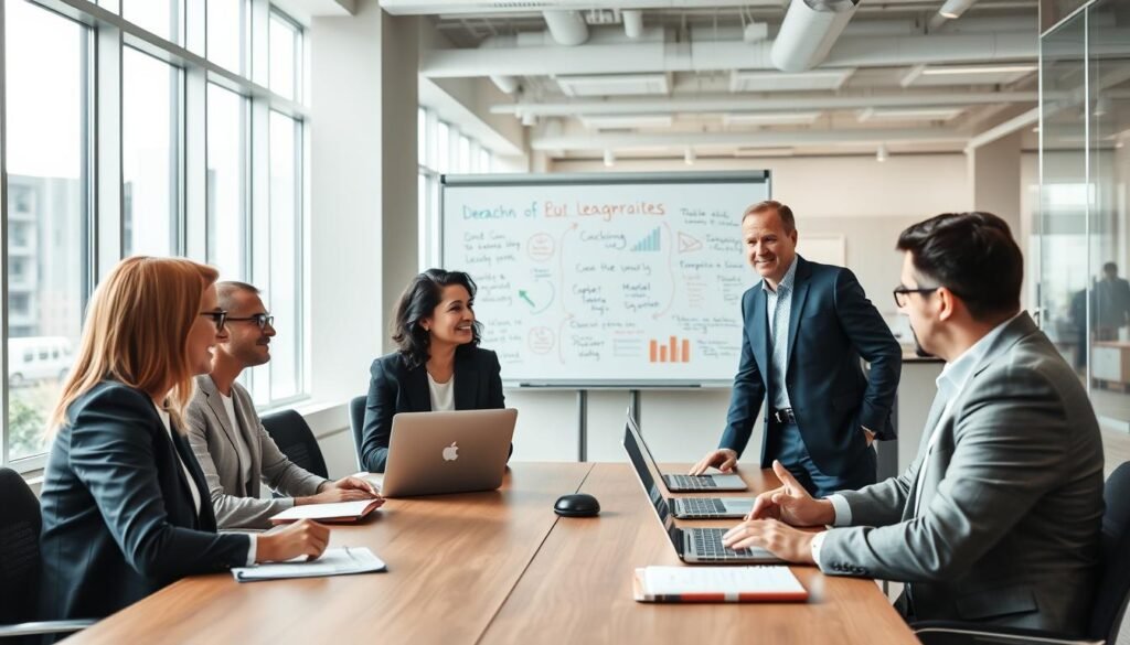 A professional coaching session in a modern corporate environment with diverse business leaders engaging in a dynamic discussion around a conference table. The foreground features a diverse group of four leaders, two women and two men, dressed in smart business attire, actively participating with laptops and notepads. In the middle, a whiteboard filled with diagrams and motivational quotes reflects the integration of coaching principles. The background showcases a bright, airy office space with large windows, allowing natural light to flood in, enhancing the atmosphere of collaboration and productivity. Use a slight depth of field to focus on the leaders while softly blurring the background. The mood is supportive and inspiring, highlighting teamwork and leadership development.