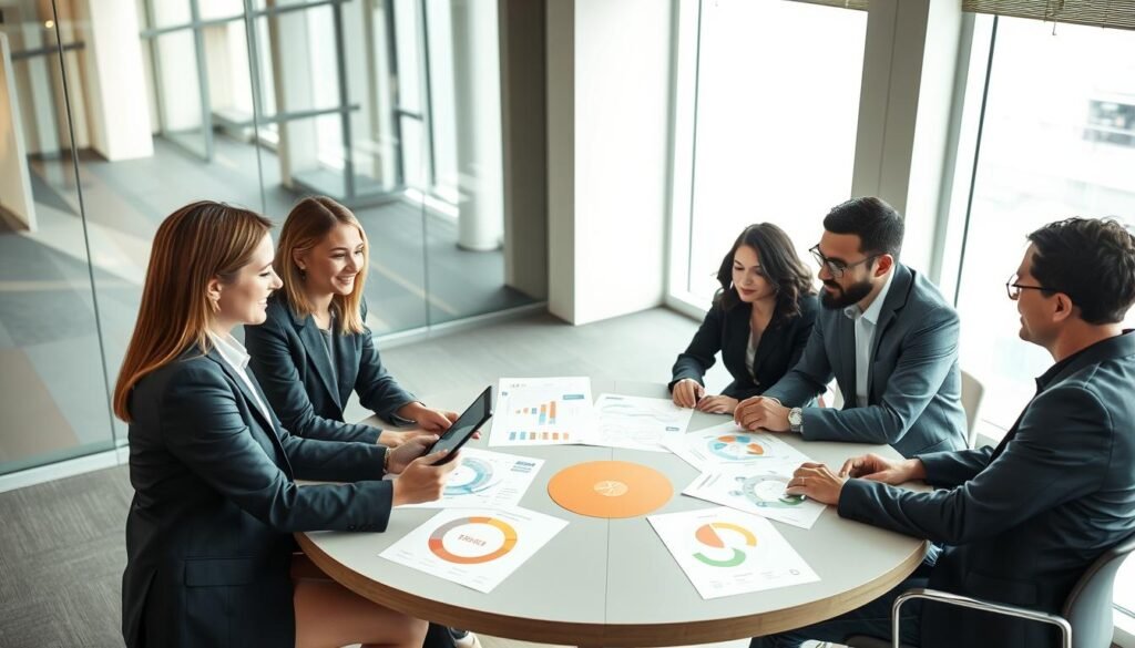 A professional coaching session in a modern corporate office environment, featuring a diverse group of four executives engaged in a collaborative discussion around a large circular table. In the foreground, a confident female coach, dressed in smart business attire, uses a digital tablet to illustrate coaching methodologies and tools. The middle space captures the executives' focused expressions as they interact and examine visual aids like charts and diagrams showcasing leadership growth strategies. The background reveals a bright, airy office with large windows allowing natural light to flood in, creating an uplifting atmosphere. The mood is dynamic and inspiring, symbolizing transformation and empowerment in leadership. Use a wide-angle lens to encapsulate the entirety of the scene, emphasizing collaboration and innovation.